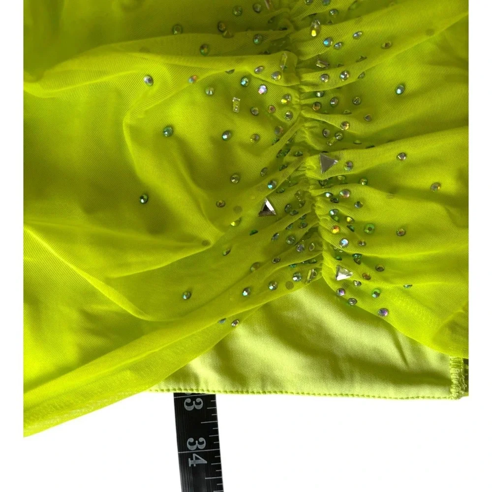Banjul Neon Lime Green Corset Mini Dress Sz XS/S One Shoulder Rhinestone Beaded - Picture 11 of 11